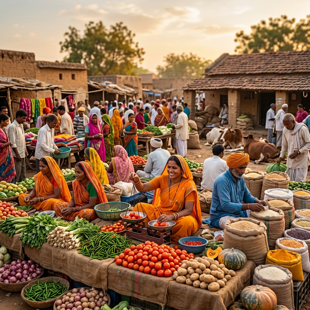 Farmers at marketplace with fresh produce in rural India